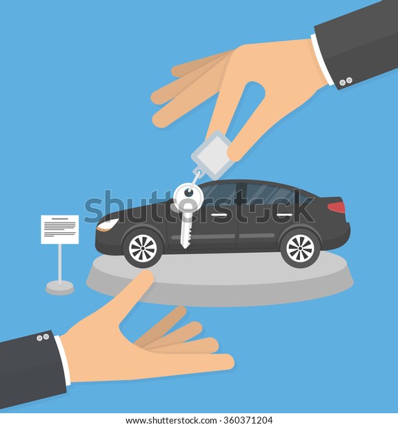 Dealership agent giving car key to a customer with\
a car in the background concept. Hand giving car keys to another\
hand. Flat design