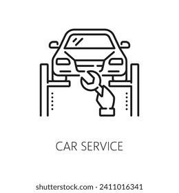 Dealership car service, auto dealer, car company line icon. Vehicle repair and maintenance center, dealership or distributor vector symbol. Automobile service linear icon with car on lift and wrench