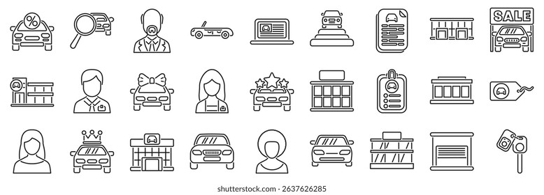  Dealership icons set. Set of vector line icons related to car dealerships, including buying, selling, financing, insurance, showrooms, and more