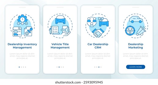 Dealership management blue onboarding mobile app screen. Walkthrough 4 steps editable graphic instructions with linear concepts. UI, UX, GUI template