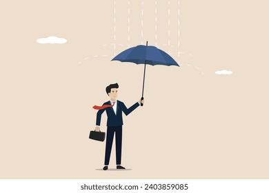 Dealing with bad luck, protecting from business mistakes, mistakes or economic recession, security or insurance concept, confident businessman with umbrella to protect from rainstorm.