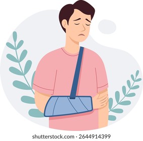 Lidando com uma ilustração de braço quebrado de um homem com uma tipoia	