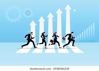 Dealing with business challenges. Moving towards success. Business growth chart or career path.Business people running on the growth arrow. Business team victory.Work improvement or leadership