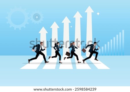Dealing with business challenges. Moving towards success. Business growth chart or career path.Business people running on the growth arrow. Business team victory.Work improvement or leadership