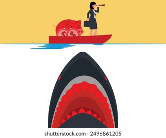 Dealing with business crisis, Risk management. Business woman's boat is attacked by a large shark
