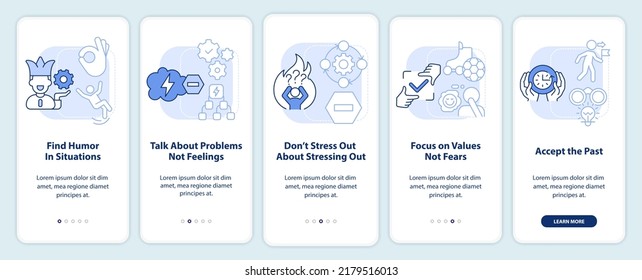 Tratando de cambiar la pantalla de aplicaciones móviles en color azul claro. Recorrido 5 pasos instrucciones gráficas editables con conceptos lineales. UI, UX, plantilla GUI. Multitud de tipos de letra Pro-Bold, con uso regular