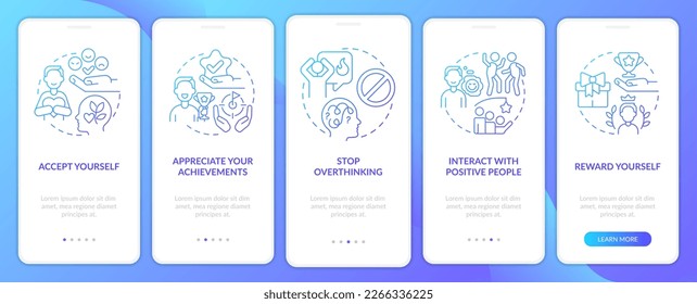 Dealing with confidence lack blue gradient onboarding mobile app screen. Walkthrough 5 steps graphic instructions with linear concepts. UI, UX, GUI template. Myriad Pro-Bold, Regular fonts used