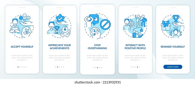 Dealing with confidence lack blue onboarding mobile app screen. Walkthrough 5 steps editable graphic instructions with linear concepts. UI, UX, GUI template. Myriad Pro-Bold, Regular fonts used