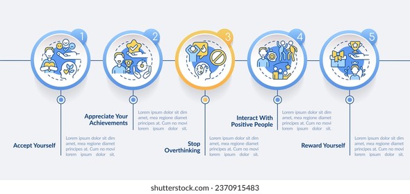 Dealing with confidence lack circle infographic template. Self esteem. Data visualization with 5 steps. Editable timeline info chart. Workflow layout with line icons. Lato-Bold, Regular fonts used