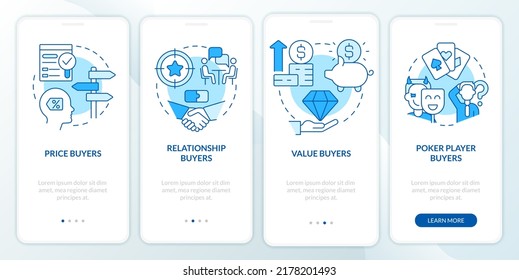 Dealing with customers blue onboarding mobile app screen. Business walkthrough 4 steps editable graphic instructions with linear concepts. UI, UX, GUI template. Myriad Pro-Bold, Regular fonts used
