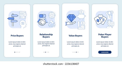 Dealing with customers light blue onboarding mobile app screen. Walkthrough 4 steps editable graphic instructions with linear concepts. UI, UX, GUI template. Myriad Pro-Bold, Regular fonts used
