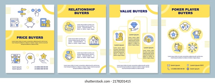 Dealing with customers yellow brochure template. Marketing. Leaflet design with linear icons. Editable 4 vector layouts for presentation, annual reports. Arial-Black, Myriad Pro-Regular fonts used