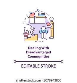 Dealing with disadvantaged communities concept icon. Development target abstract idea thin line illustration. Groups with economic backwardness. Vector isolated outline color drawing. Editable stroke