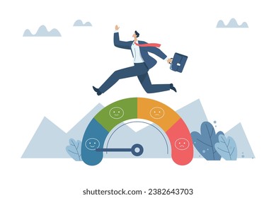 Dealing with fatigue and increasing employee freshness, Stress management and emotional regulation, Enthusiastic business people leap forward from depressed mood to a refreshing level. Vector design.