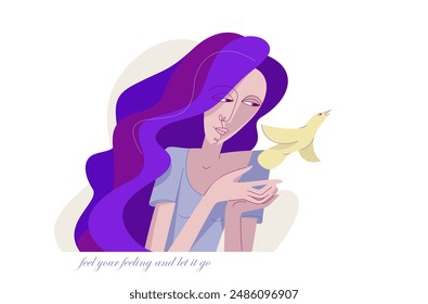 Dealing with a feeling, young woman holding a bird as a metaphor of a feeling and takes care of it, emotions concept, let it go.