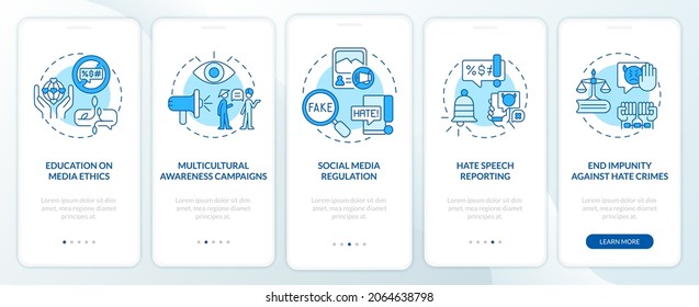 Dealing with hate speech onboarding mobile app page screen. Media ethics walkthrough 5 steps graphic instructions with concepts. UI, UX, GUI vector template with linear color illustrations