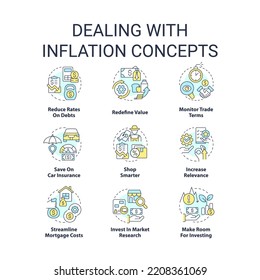 Tratar con íconos de concepto de inflación establecidos. Precios en alza. Tipos de interés. Ilustraciones de color de línea delgada de ideas económicas. Símbolos aislados. Trazo editable. Fuentes Roboto-Medium, Myriad Pro-Bold utilizadas