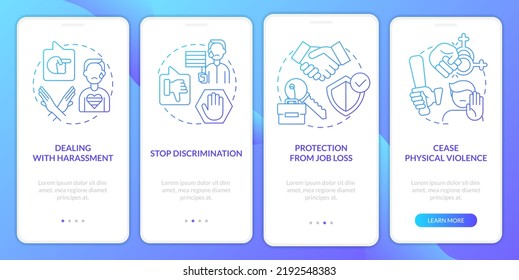 Dealing with lgbt issues blue gradient onboarding mobile app screen. Walkthrough 4 steps graphic instructions with linear concepts. UI, UX, GUI template. Myriad Pro-Bold, Regular fonts used