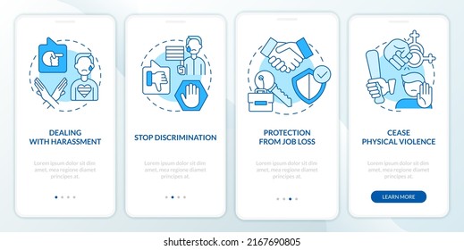 Dealing with lgbt issues blue onboarding mobile app screen. Walkthrough 4 steps editable graphic instructions with linear concepts. UI, UX, GUI template. Myriad Pro-Bold, Regular fonts used