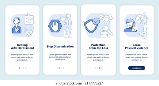 Dealing with lgbt issues light blue onboarding mobile app screen. Walkthrough 4 steps editable graphic instructions with linear concepts. UI, UX, GUI template. Myriad Pro-Bold, Regular fonts used