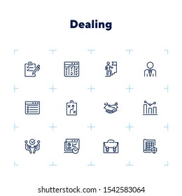Dealing line icon set. Businessman, career, meeting, handshake. Business concept. Can be used for topics like planning, strategy, agreement