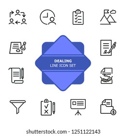 Dealing line icon set. Funnel, contract signing, handshake. Business concept. Can be used for topics like agreement, paperwork, money making