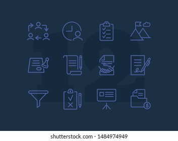 Dealing line icon set. Funnel, contract signing, handshake. Business concept. Can be used for topics like agreement, paperwork, money making