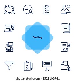 Dealing line icon set. Funnel, contract signing, handshake. Business concept. Can be used for topics like agreement, paperwork, money making