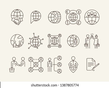 Dealing line icon set. Globe, planet, team, partners. Foreign relations concept. Can be used for topics like international business, global partnership, networking