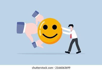 Dealing With Negative Feedback, Review, Or Comment, Having Positive Attitude Or Optimism For Customer Contact, Emotional Intelligence Concept. Businessman Pushing Smile Face To Cope Thumb Down Signs.