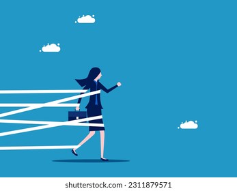 Dealing with obstacles in business. Businesswoman bound with tape