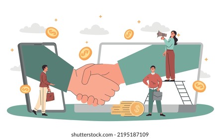 Tratando el concepto en línea. Los personajes hacen trato, estrechando la mano a través de los smartphones. Videollamada o conferencia. Negociaciones exitosas, alfabetismo financiero y economía. Vector plano de dibujos animados