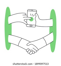 Dealing online, remote conclusion of a transaction, mobile phone deal. Remote assistance, mobile support concept, shaking hands from different ends. Flat line vector illustration on white.