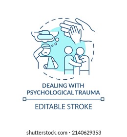 Dealing With Psychological Trauma Turquoise Concept Icon. Rebuilding Nation From War Abstract Idea Thin Line Illustration. Isolated Outline Drawing. Editable Stroke. Arial, Myriad Pro-Bold Fonts Used