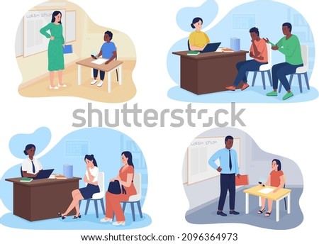 Dealing with smartphones with classroom 2D vector isolated illustrations set. Worried parents and teachers flat characters on cartoon background. Visit to principal office colourful scenes collection