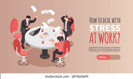 Dealing with stress banner with frustrated people at work at office 3d isometric vector illustration
