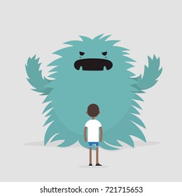 Dealing with the stress conceptual illustration. Panic attack. Huge monster trying to attack a character / Flat editable vector illustration, clip art