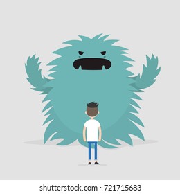 Dealing with the stress conceptual illustration. Panic attack. Huge monster trying to attack a character / Flat editable vector illustration, clip art