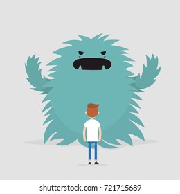 Dealing with the stress conceptual illustration. Panic attack. Huge monster trying to attack a character / Flat editable vector illustration, clip art