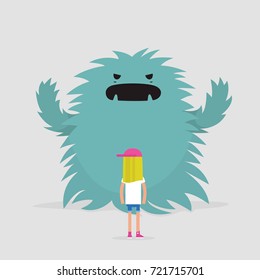 Dealing with the stress conceptual illustration. Panic attack. Huge monster trying to attack a character / Flat editable vector illustration, clip art