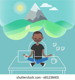 Dealing with stress. Young black character meditating in lotus pose with closed eyes in office. Yoga and meditation / flat editable vector illustration, clip art