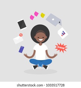 Dealing with stress. Young character meditating with closed eyes in lotus pose surrounded by floating gadgets. Yoga and healthy lifestyle / flat editable vector illustration, clip art