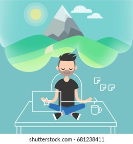 Dealing with stress. Young character meditating in lotus pose with closed eyes in office. Yoga and meditation / flat editable vector illustration, clip art