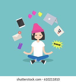 Dealing with stress. Young girl meditating with closed eyes in lotus pose surrounded by floating gadgets. Yoga and meditation / flat editable vector illustration, clip art