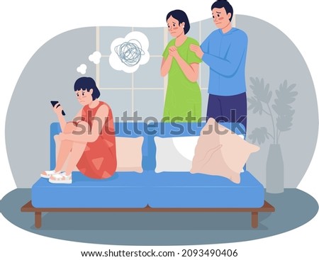 Dealing with teenager depression 2D vector isolated illustration. Disturbed parents looking at sad daughter flat characters on cartoon background. Child mental health colourful scene