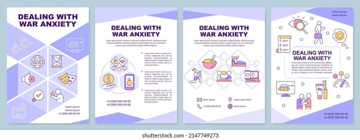 Dealing with war anxiety purple brochure template. Stress reducing. Leaflet design with linear icons. 4 vector layouts for presentation, annual reports. Arial-Black, Myriad Pro-Regular fonts used