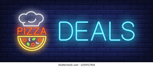 Deals Neon Sign. Glowing Inscription With Pizza Slice And White Cooker Hat On Brick Wall Background. Vector Illustration Can Be Used For Pizza, Cafe, Fast Food