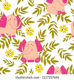 Deamless pattern with little pink elephant with flowers and leaves on a white background. Animal seamless background, vector texture for kids bedding, fabric, wallpaper, wrapping paper, textile.