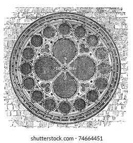 Dean's eye rose window in the North Transept of Lincoln Cathedral, England. Old engraving. Old engraved of Dean's eye rose window, in the Cathedral Church of the Blessed Virgin Mary of Lincoln.