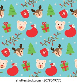 Dear and bear seamless pattern. Christmas and new year vector flat illustration. Cute element.